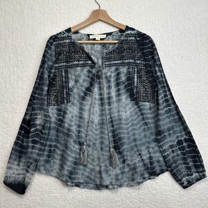 Lovestitch Women's Long Sleeve Embroidered Tie Dye Shirt Blouse Boho Blue Size S